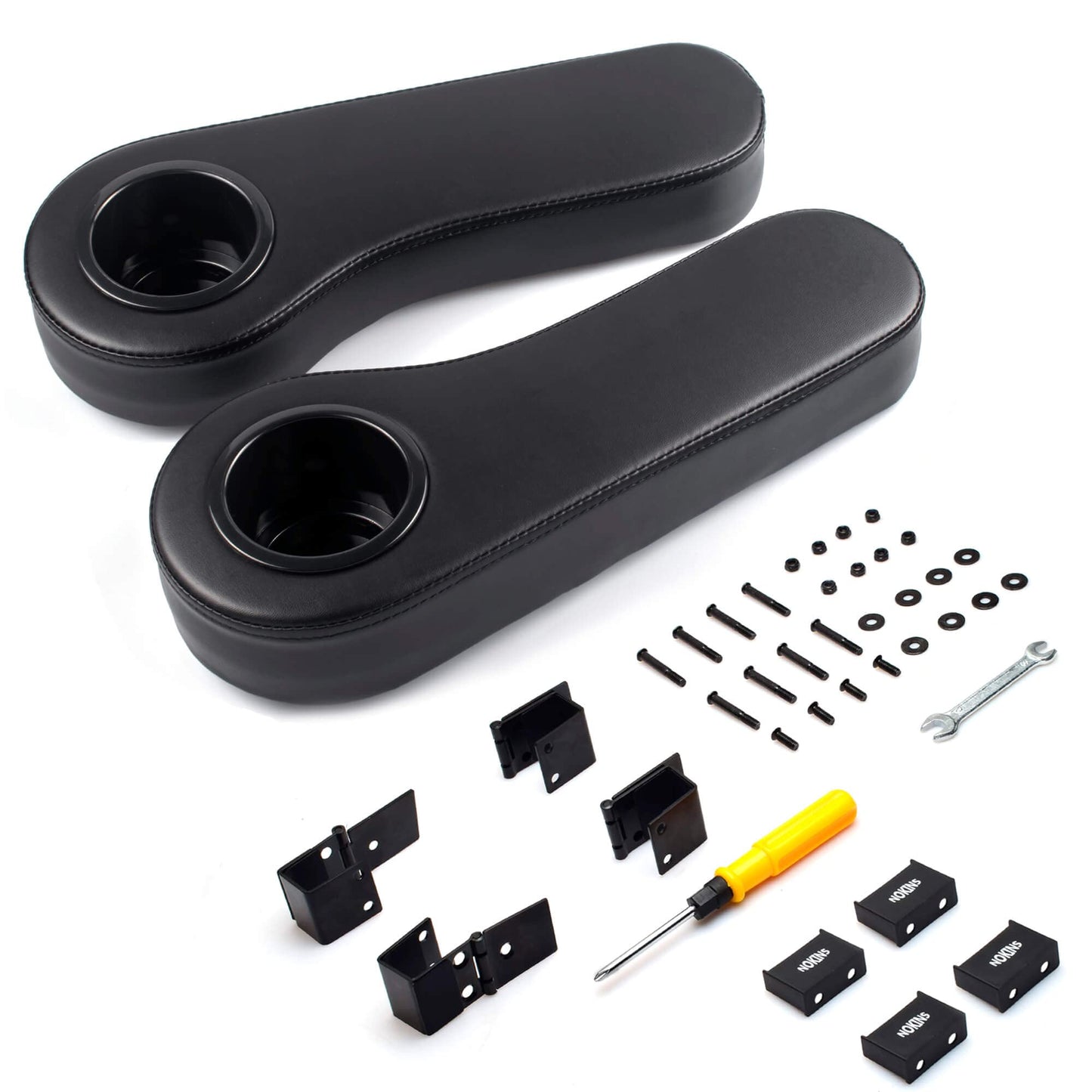 NOKINS Golf Cart Armrest with Cup Holder, Add Conjoined Support, Sturdy Without Tilting, No Drilling, for Club Car EzGo Yamaha Rear Seat Kit (Flip (Black))