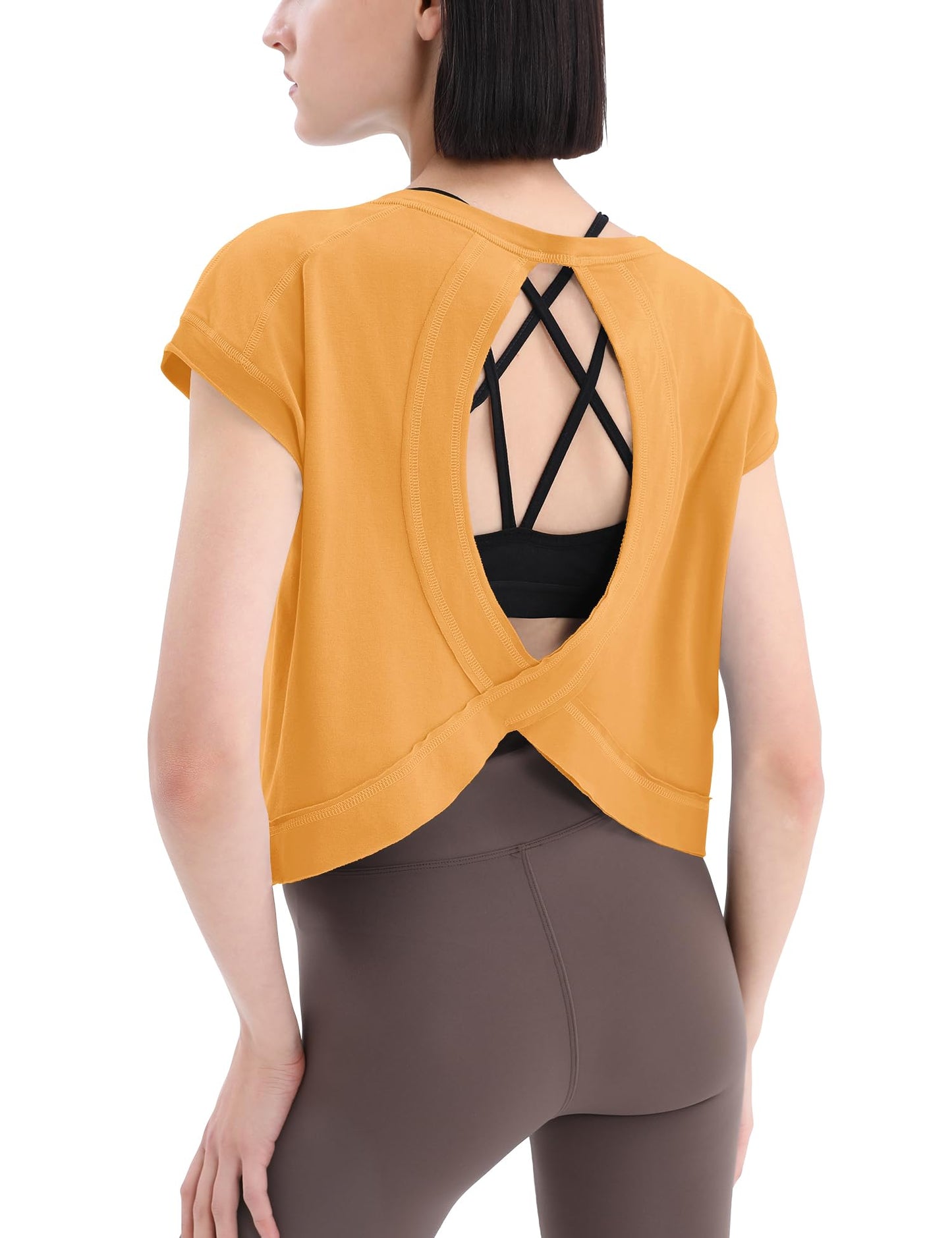 Loovoo Women's Crop Tops Workout Tshirt for Women Open Back Gym Athletic Tee Shirt Trendy Short Sleeve Shirts Cute Womens Boutique Top Orange S