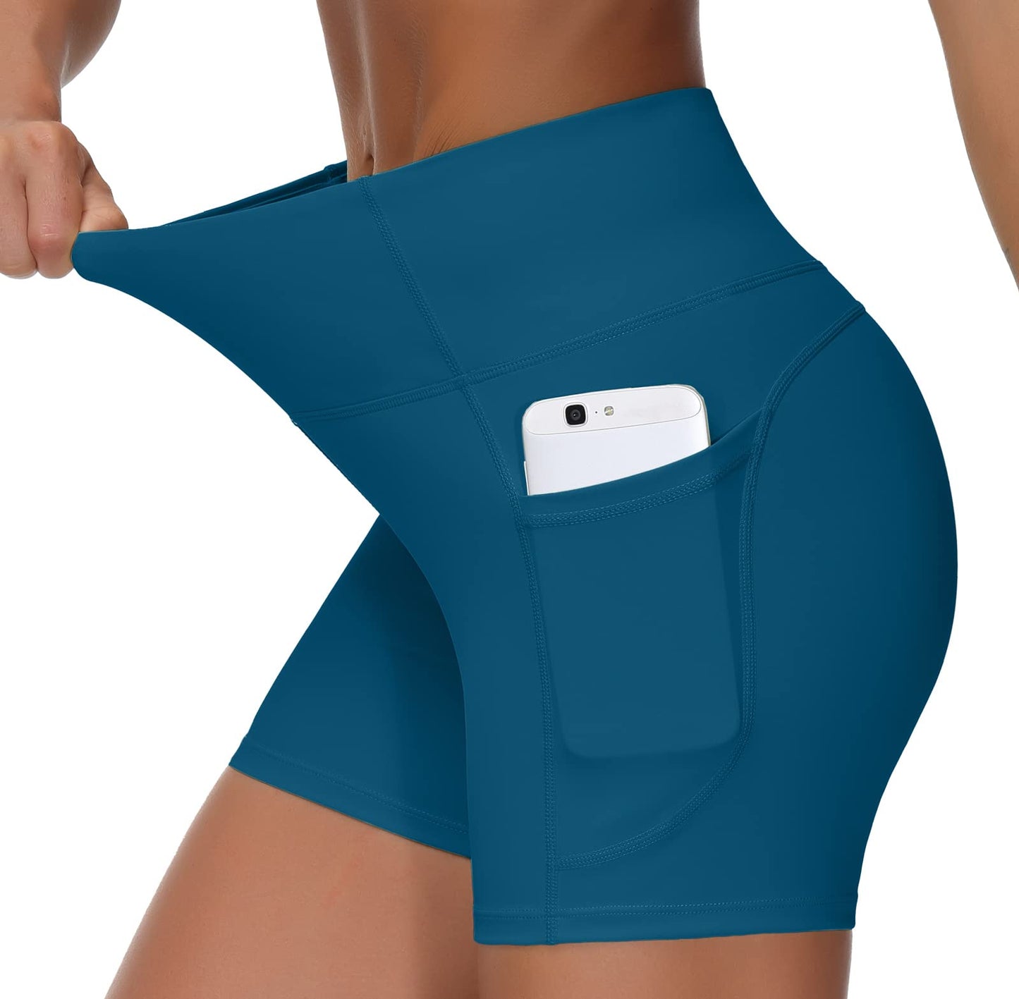 THE GYM PEOPLE High Waist Yoga Shorts for Women's Tummy Control Fitness Athletic Workout Running Shorts with Deep Pockets(Large, Dark Blue Green)