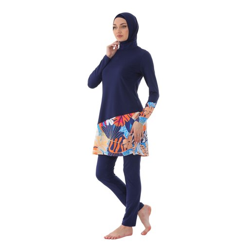 eo elif okur Islamic Long Sleeve Swimsuits for Women Modest Muslim 5 PCS | Full Cover Rash Guard Burkini | Arabic Swimwear (Navy Blue-Tropical/L)