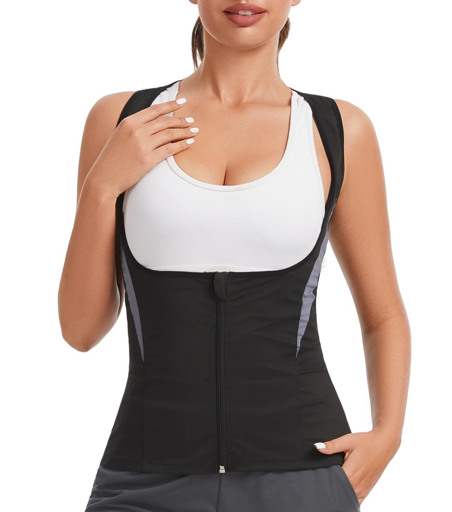 NINGMI Women Sauna Vest Sweat Tank Top Zipper T Shirt Sauna Suit Waist Trainer Body Shaper Workout Exercise Fitness Gym