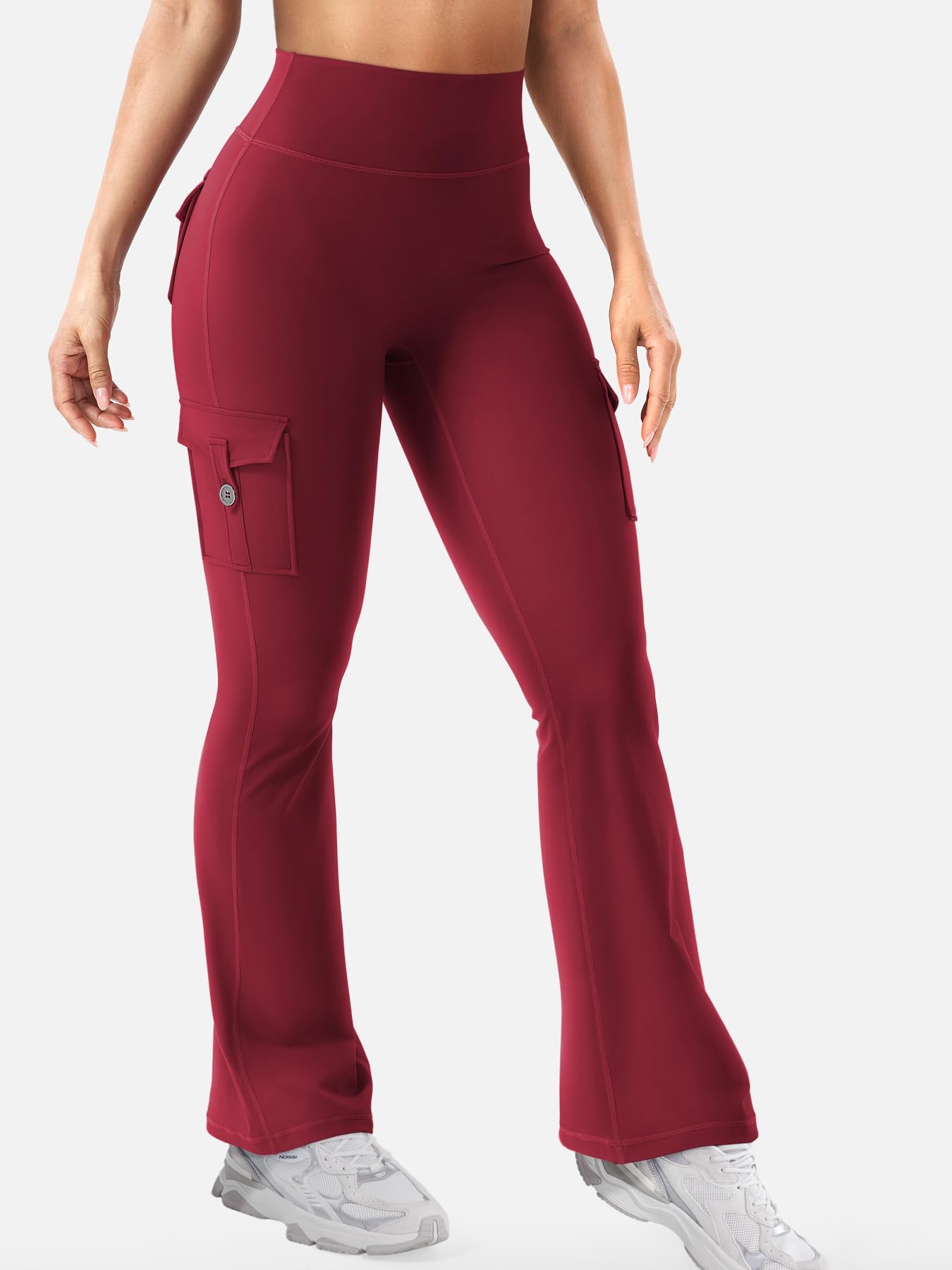 YEOREO CoreFlex Women Workout Flare Leggings with Pockets Scrunch Cargo Gym Yoga Leggings Wine S
