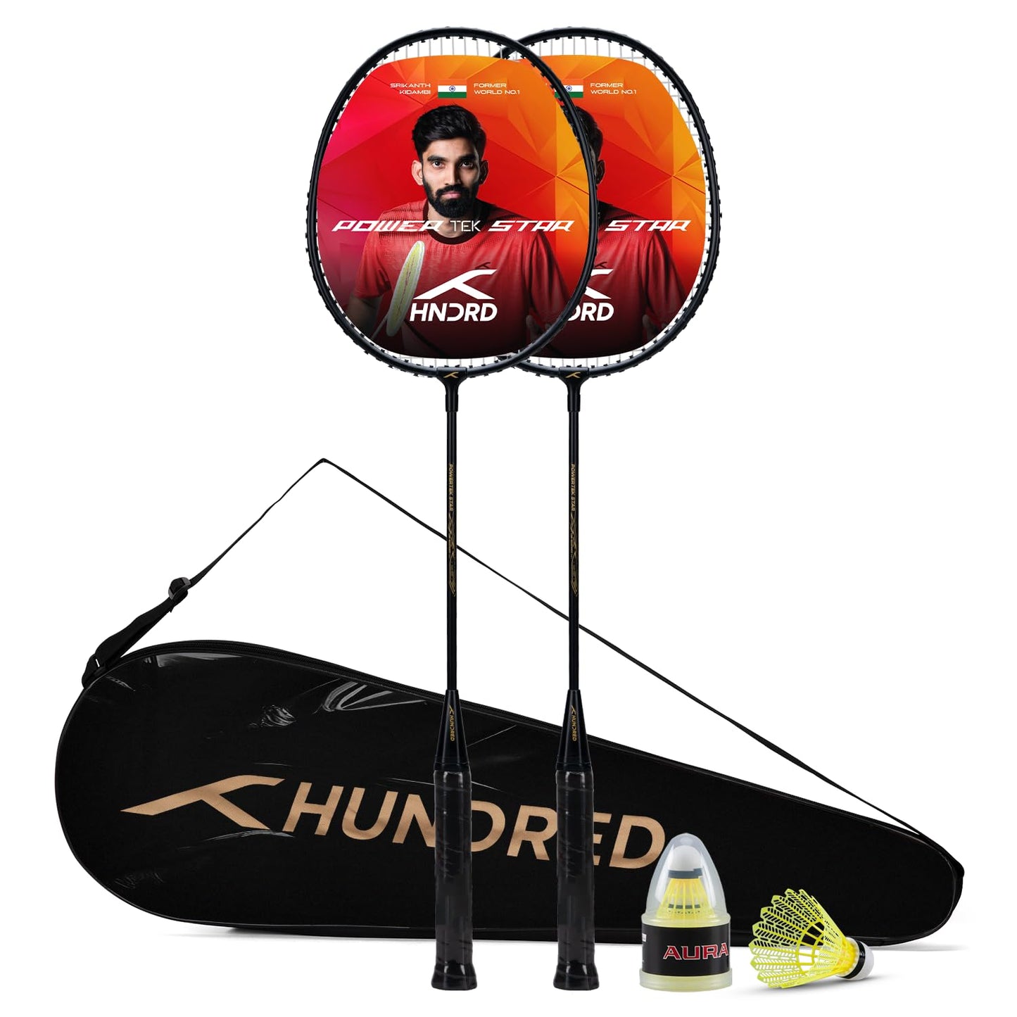 Hundred Powertek Star Badminton Racket Set of 2, Black, Pre-Strung Racquets with Full Cover and 2 Nylon Shuttlecocks, Lightweight and Durable for Beginners and Recreational Play