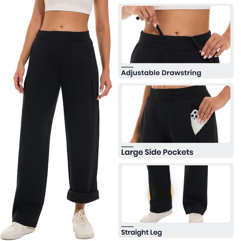 HOdo 32"/34" Inseam Womens Tall Sweatpants Fleece Joggers for Women Wide Leg Pants with Pockets for Workout Black-34-M