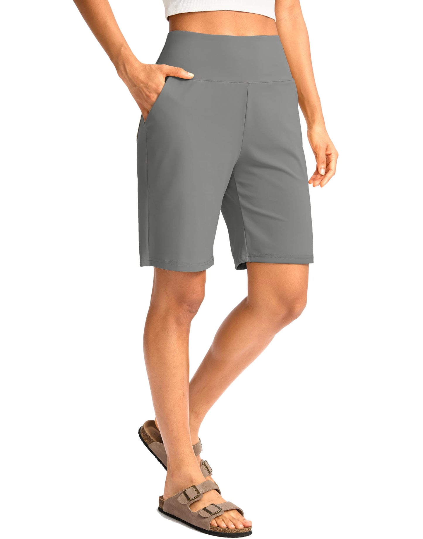 G Gradual Women's Bermuda Long Shorts with Pockets 9" High Waisted Knee Length Shorts for Women Walking Athletic Workout(Light Grey,XXL)
