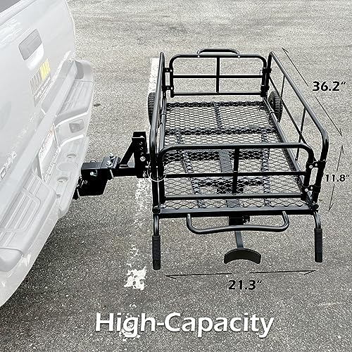 MaxxHaul 50243 Foldable Hitch N Roll Cargo Carrier Cart With Quick Detachable Basket Rack With 10 inch Flat Free Tires for Home Camp Travel Ranch SUV Up to 400 lb. Capacity