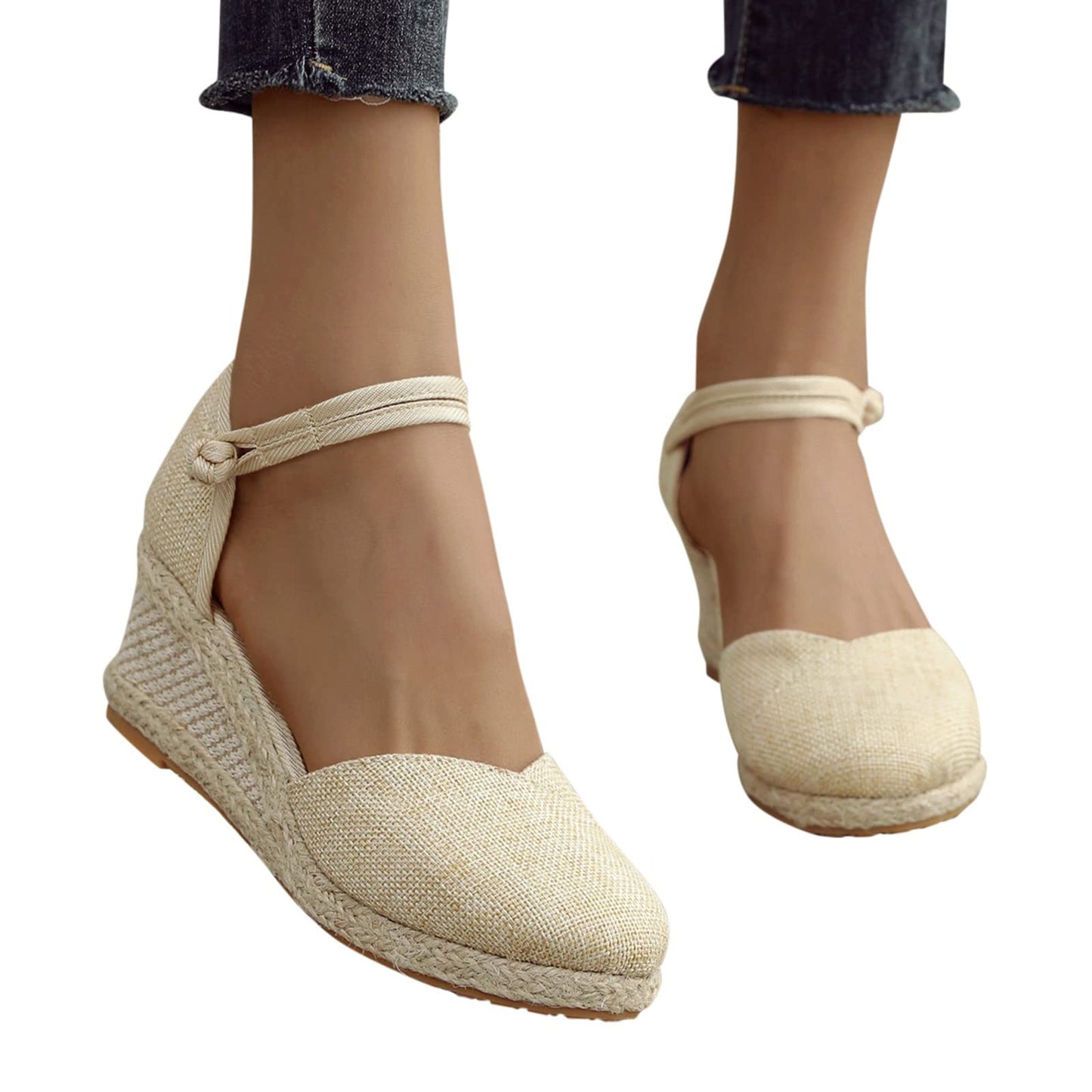 Shengsospp Women's Platform Espadrilles Casual Ankle Strap Wedge Sandals Open Toe Espadrille Wedge Sandals Dress Shoes Open Toe Beach Sandals 04-Beige, 7.5