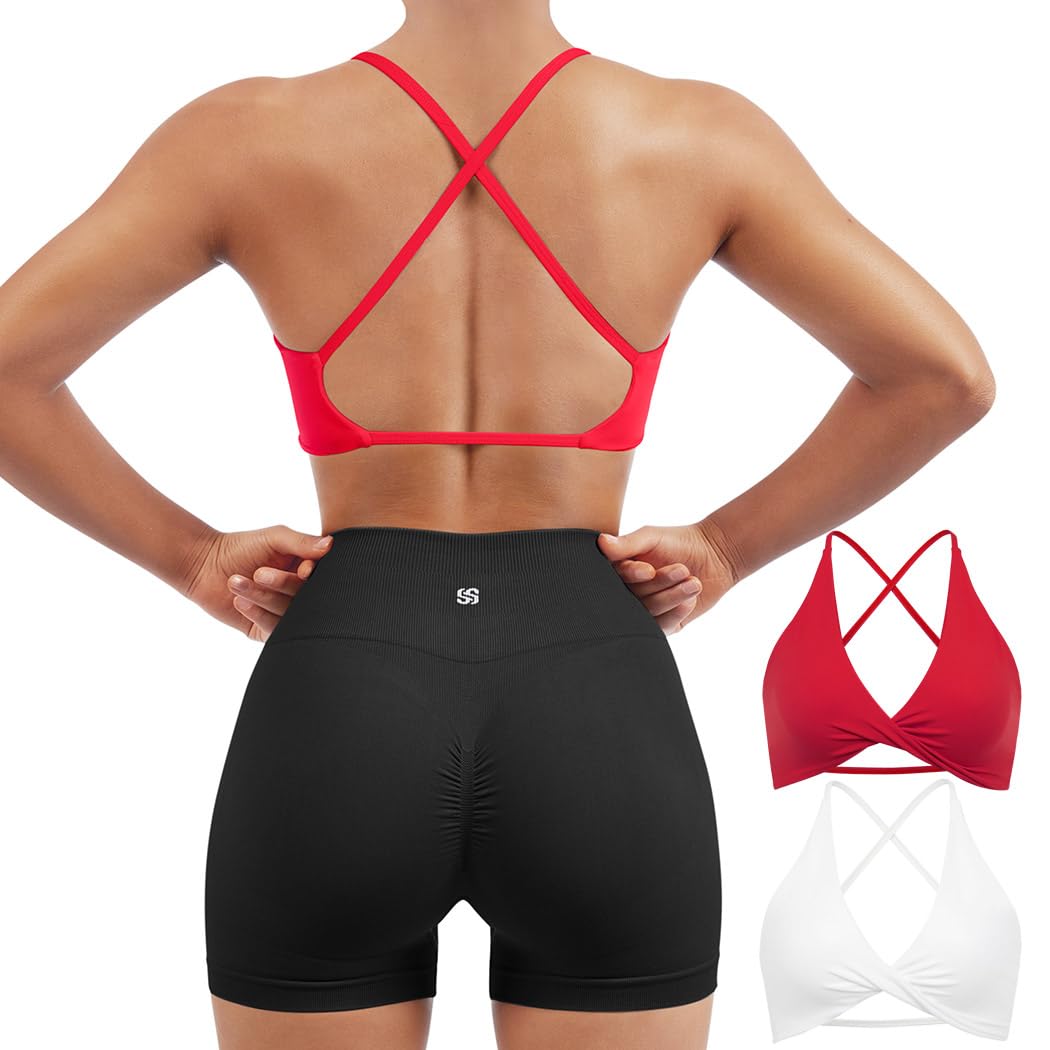 SUUKSESS Women 2 Piece Open Back Strappy Sports Bra Pack Twist Front V Neck Padded Workout Crops (#2 White & Red, M)