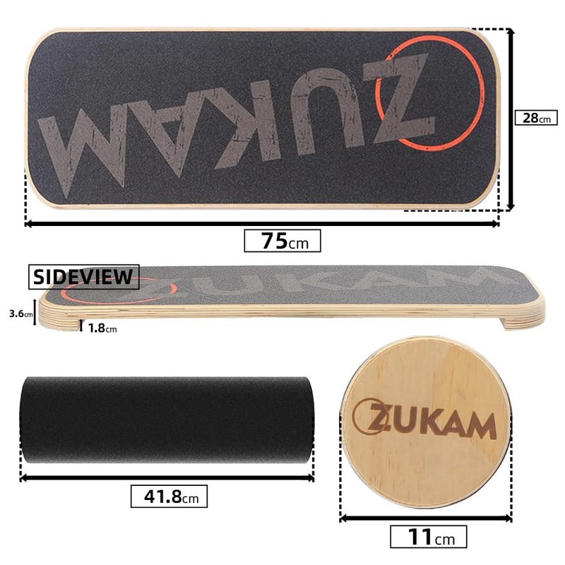 ZUKAM Balance Board Trainer, Wooden Balancing Board with Workout Guide to Exercise and Build Core Stability, Wobble Board for Skateboard, Hockey, Snowboard & Surf Training (Black)