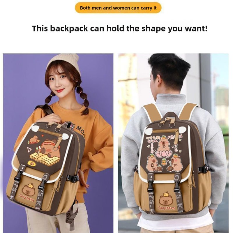 Cute Pink Capybara Backpack with Chic Case and More Pins Ita Bag Kawaii Cartoon Large Capacity Mochila De Capybara (Brown3)
