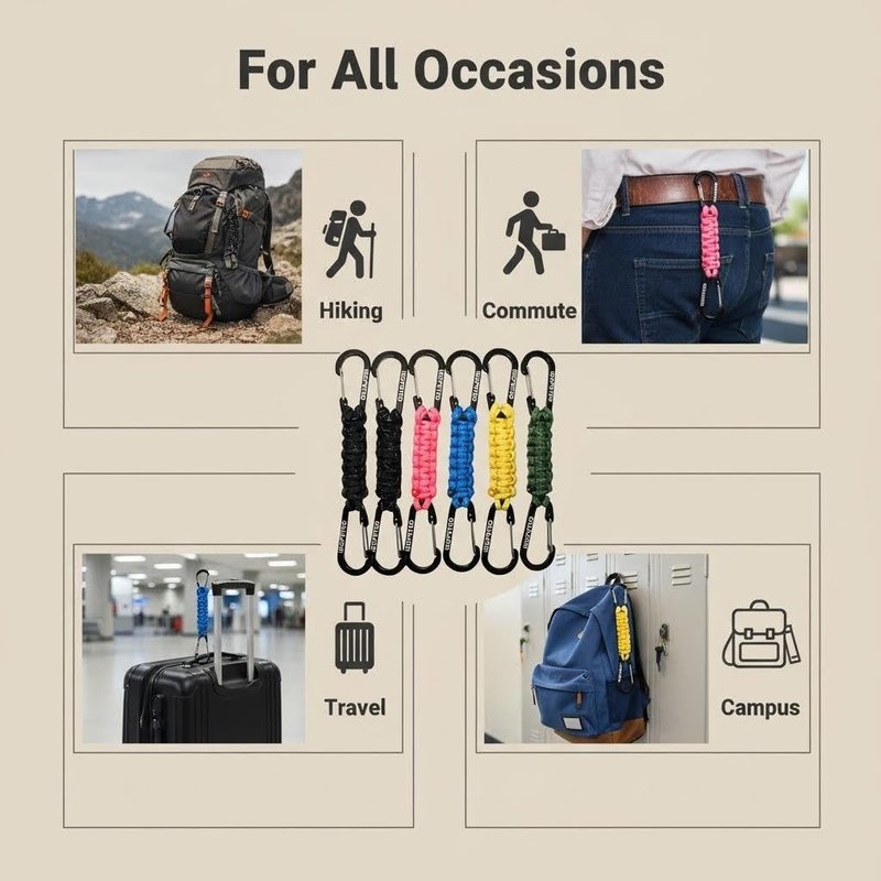 LUOPUTUO 6 Pcs Reflective Strip Paracord Keychain, Braided Paracord Keychain for Backpacks Camping Hiking (Double hook, 6 pcs, 2 Black+1 Pink+1 Blue+1 Yellow+1 Green)