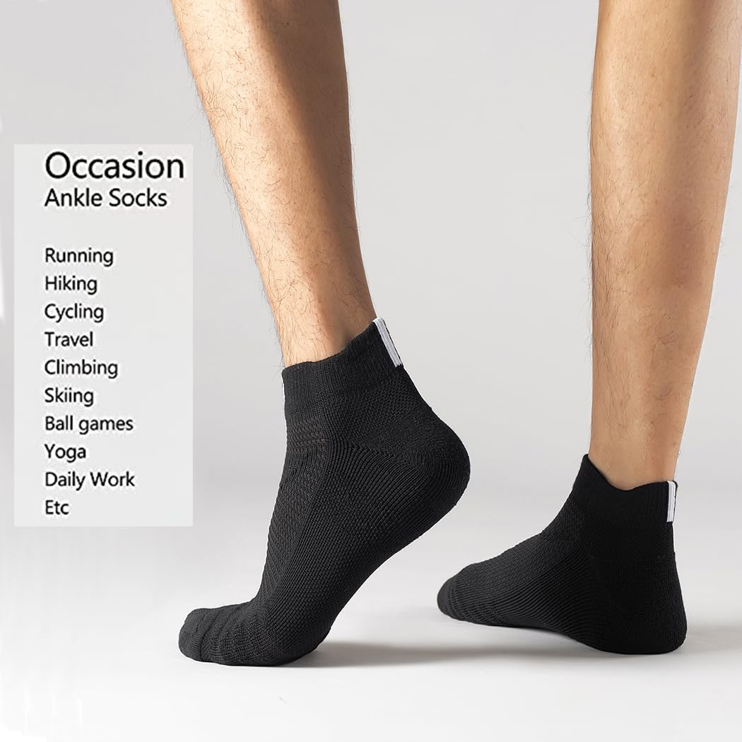 GLENMEARL Mens Womens Athletic Ankle Socks Compression Cushion Padded Arch Support Moisture Wicking Low Cut Socks for Running Walking Cycling Hiking Sport Unisex Adult 6 Pack Black Size 10-13