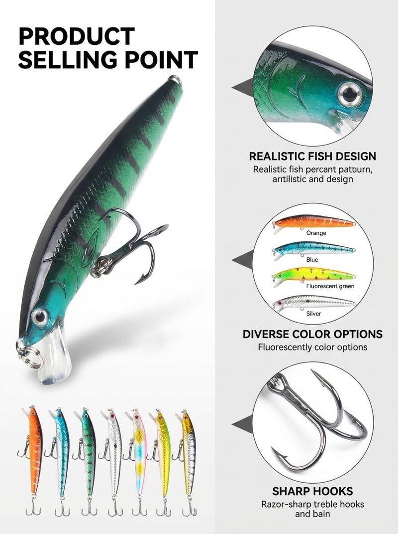 Fishing Lures Kit - 10 Pack 3D Artificial Minnow Crankbait & Swimbait for Freshwater & Saltwater Fishing | Bass, Trout, Walleye, Redfish