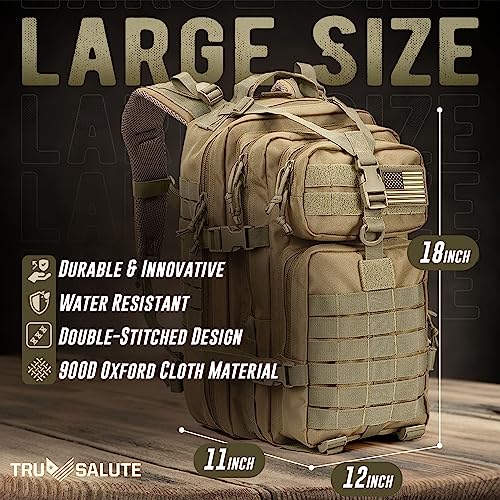 Tru Salute 45L Military Tactical Backpack Large Army 3 Day Assault Pack Molle Bugout Bag Rucksack (Tan)