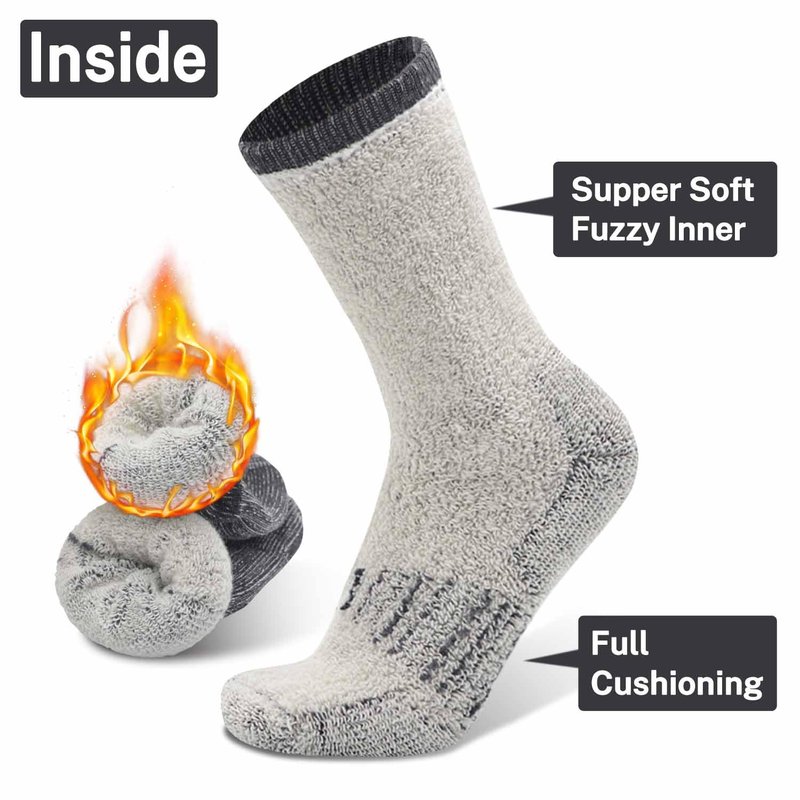Busy Socks Mens Merino Wool Hiking Crew Athletic Socks Thermal Warm Padded Hiker Socks for Winter Outdoor Work Hiking Camping Walking, Large, 3 Pairs 3 Pairs Light Grey