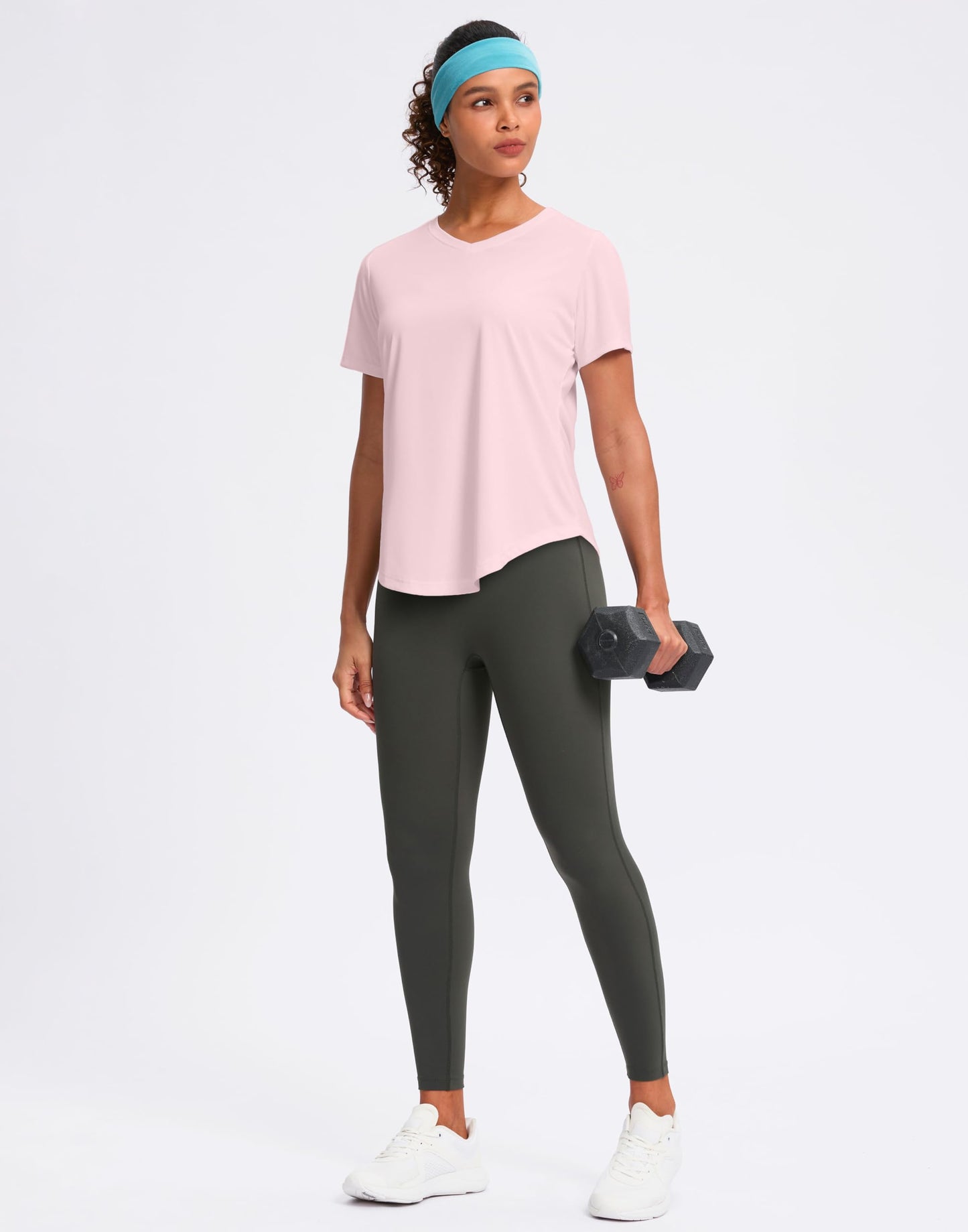 Womens Workout Shirts V-Neck Short Sleeve UPF 50+ Sun Shirt Moisture Wicking Dry Fit Top for Gym, Running, Athletic (Peach, L)