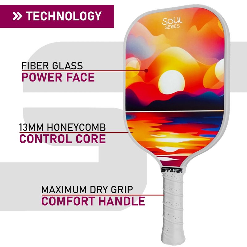 STARR Soul Series Pickleball Paddle | 13mm Honeycomb Core | Fiber Glass Surface (Soul Sunset)