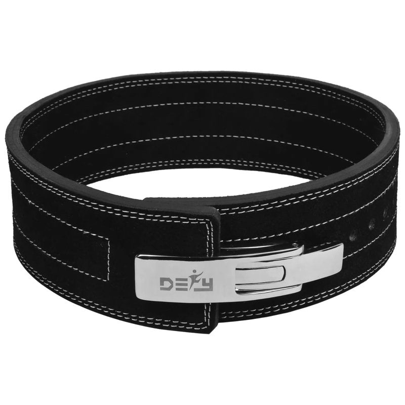 DEFY Weightlifting Lever Belt – 4” Wide Powerlifting Strongman Gym Belt for Men & Women – 10MM Lever Belt for Lower Back Support, Workout, Deadlift & IPF Bodybuilding (Black Embossed, Medium)