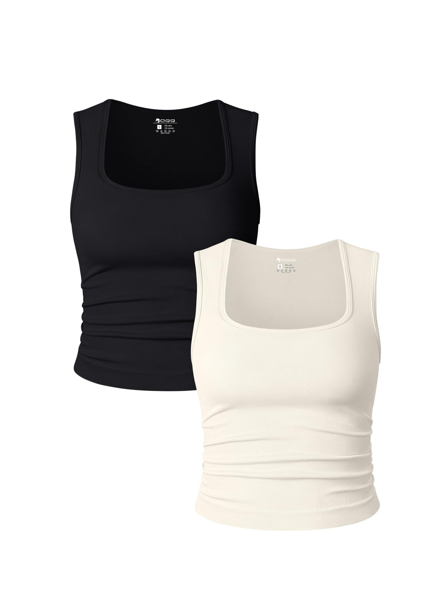 OQQ Womens 2 Piece Crop Tops Rueched Sleeveless Square Neck Stretch Basic Tank Shirts Black Beige