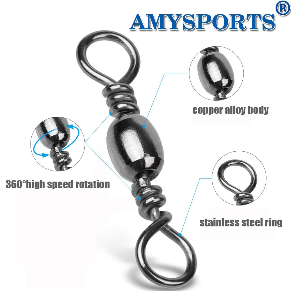 AMYSPORTS High Strength Fishing Swivels - Barrel Solid Ring Swivel, Rolling Line Connector - Saltwater & Freshwater - Stainless Steel - 50pcs, 60lbs