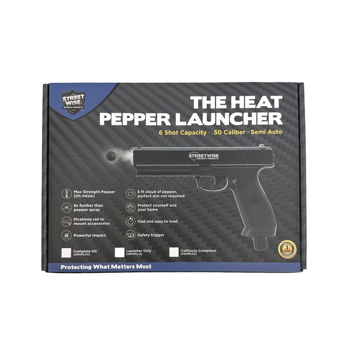 Streetwise Heat .50 Caliber Pepper Launcher, Pepper Ball Gun – Self Defense Pistol Includes 10 Rubber Balls, 10 Pepper Rounds, 10 Quicksilver Metal Composite Rounds, & 2 C02 Canisters