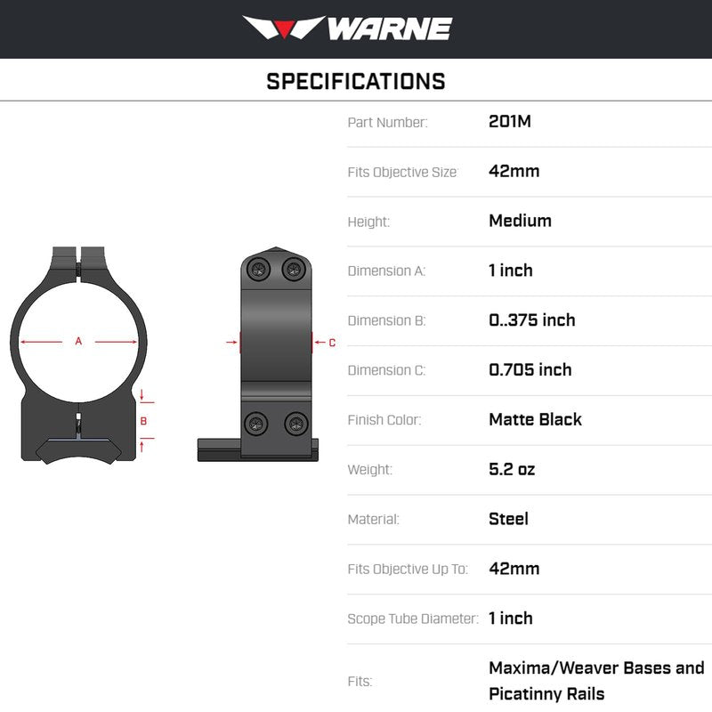 WARNE Scope Mounts Maxima, 1 Inch, PA, Optic Rings, Medium, Matte Black