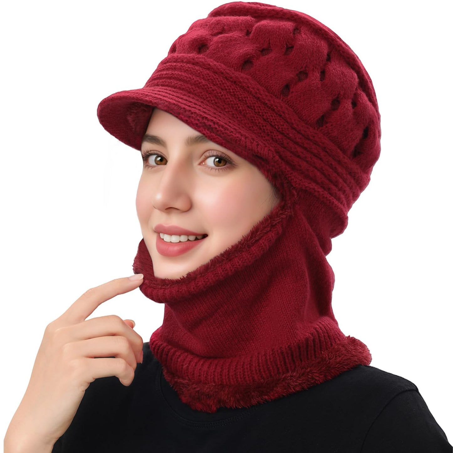 Womens Winter Beanie Hats, Winter Scarf Mask Set for Women One Piece Slouchy Beanie Hats with Visor Brim Fleece Lined, Wine Red 2025