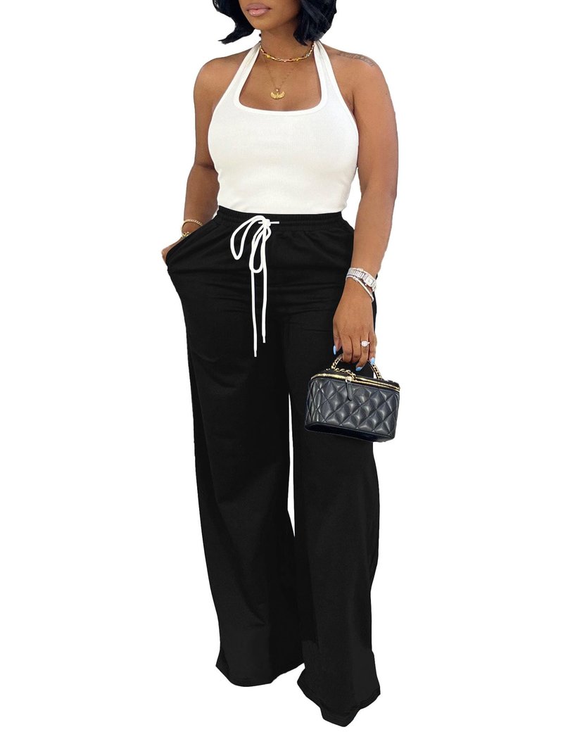 Nimsruc Wide Leg Sweatpants for Women High Waisted Drawstring Casual Loose Long Pants with Pockets 2026 Black XXL