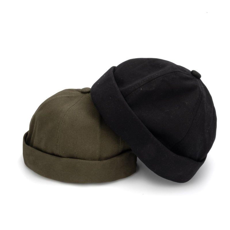 Mens Brimless Cap Cotton Docker Hat, Classic Skullcap Beanie Sailor Cap for Casual Work and Daily (Black)