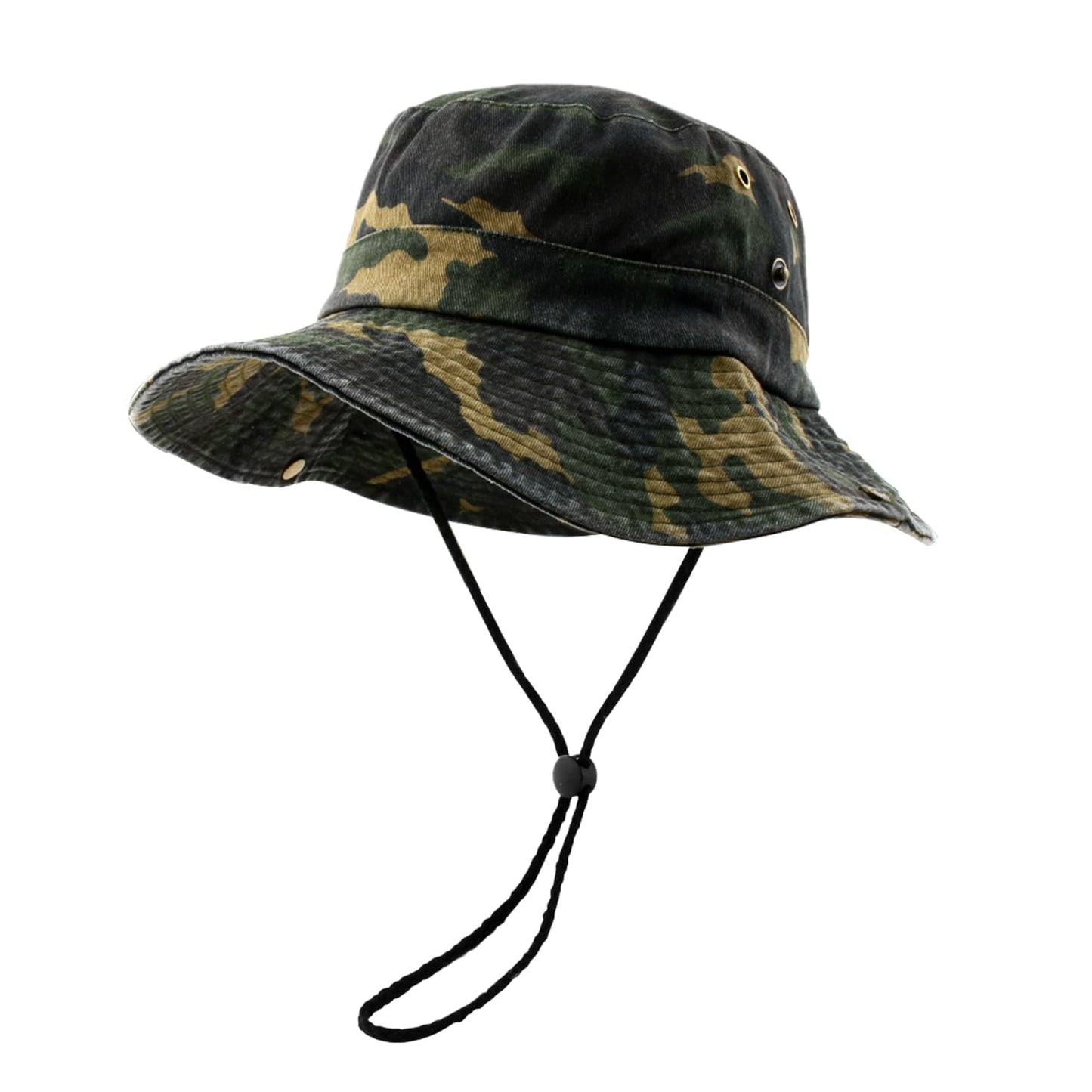 Men's Bucket Hat Camo Outdoor Sun Protection, Breathable Quick-Dry Fishing Gardening Hiking Hat with Neck Flap & Adjustable Chin Strap, UPF50+100% Cotton Wide Brim (Green Camouflage hat)