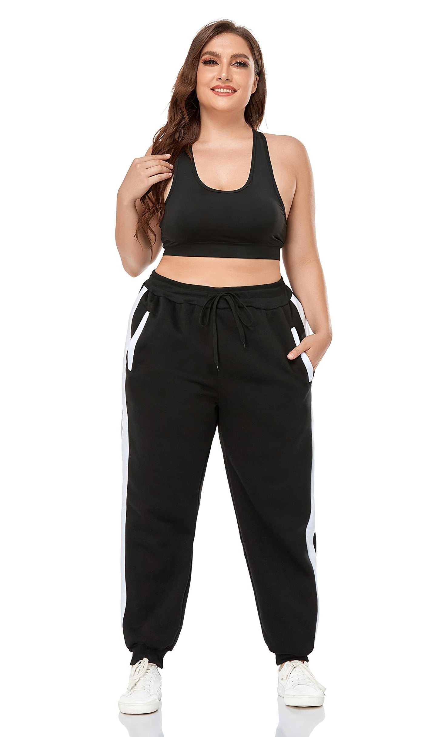 ZERDOCEAN Women's Plus Size Fleece Lined Sweatpants Winter Warm Fleece Joggers Pants Black-White Stripe 4X