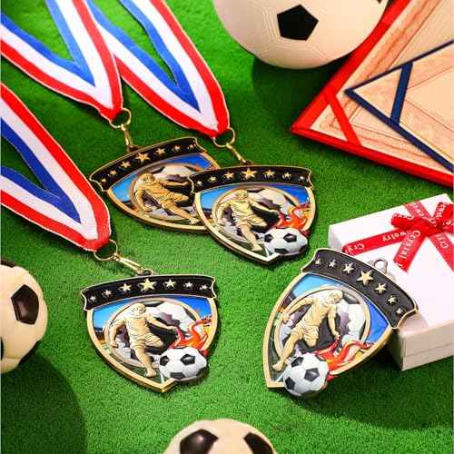Remuuly Award Medals Bulk Soccer Football Basketball Tennis Cheer Metal Winner Award Medals 3.35'' Shield Shape with Neck Ribbons Sport Team Participation Prize Gift