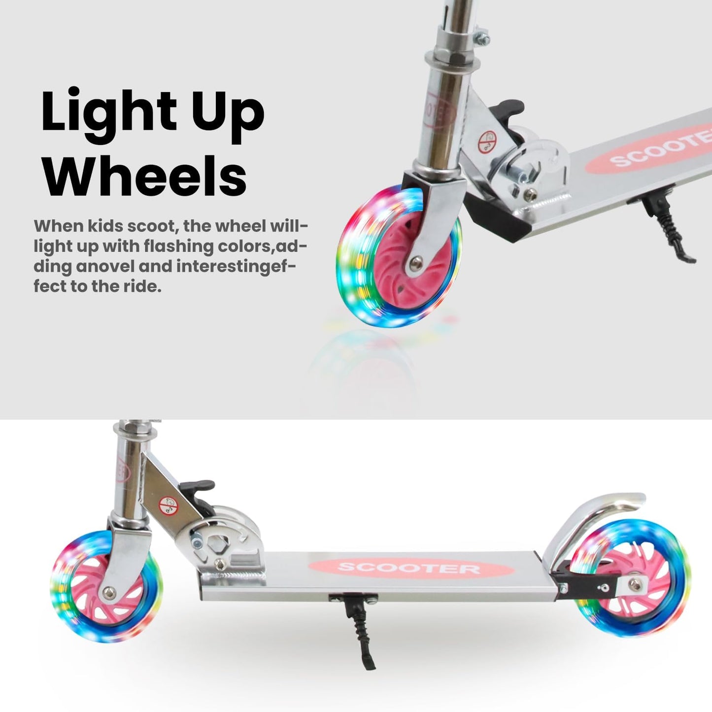Scooter for Kids Ages 3+, Teens, Foldable Kick Scooter with Light up Wheels, Kickstand, 3 Adjustable Levels, Rear Brake, Lightweight Boys Girls Toys for Kids 5-7, Silver Pink