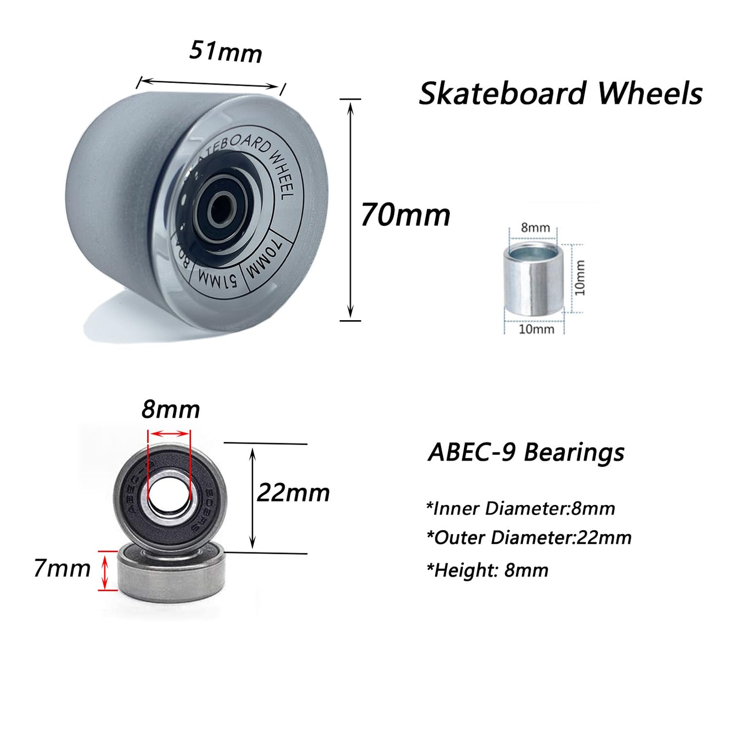 LOOEEL 70mm Longboard Wheels 80A Contains ABEC-9 Bearings and Spacers,Skateboard Riser Pads,Skateboard Hardware Screws Bolts,fit for Your Longboard Skateboards.-Transparent Frosted