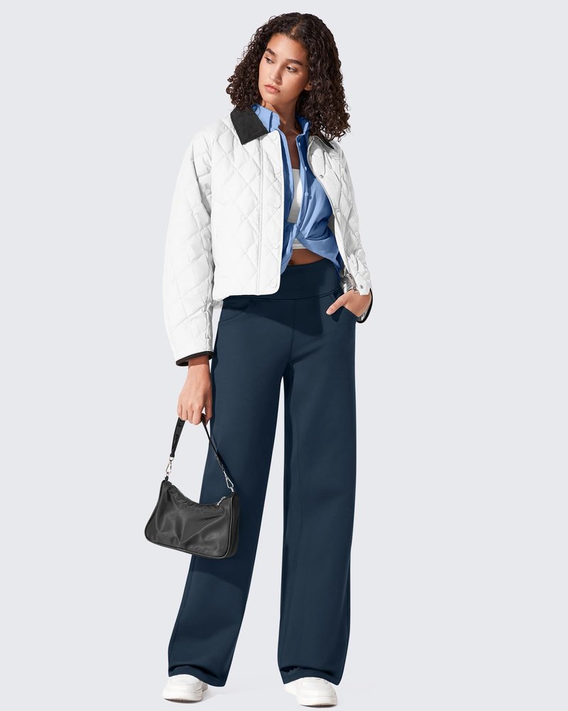 G4Free Wide Leg Fleece Lined Pants Woman High Waisted Work Pants Winter Thermal Warm Pants with Pockets for Yoga Dressy (Navy Blue,M,29")