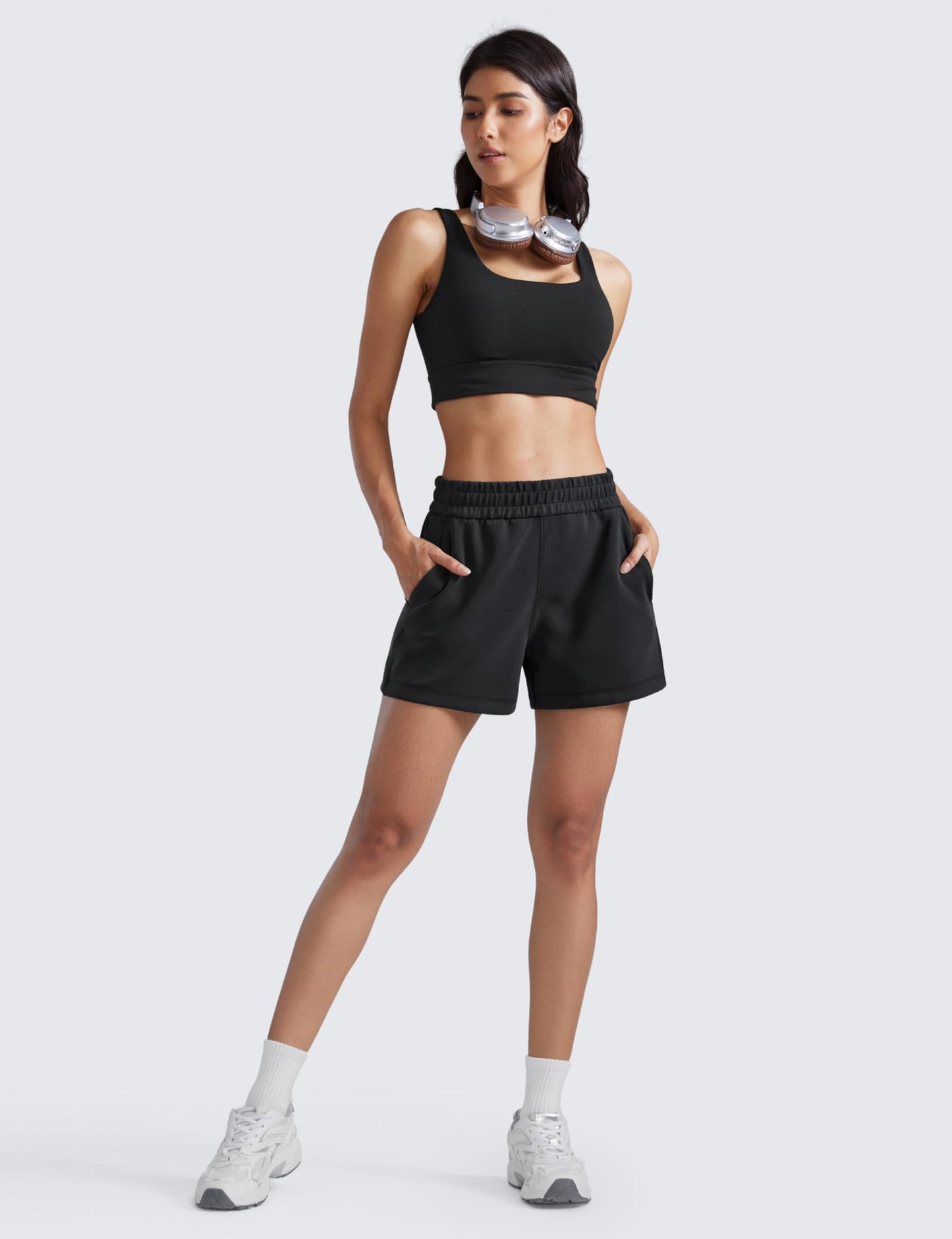 CRZ YOGA SoftAura Sweat Shorts for Women 4" - High Waisted Modal for Casual Lounge Athletic with Pockets Drawstring Black Medium