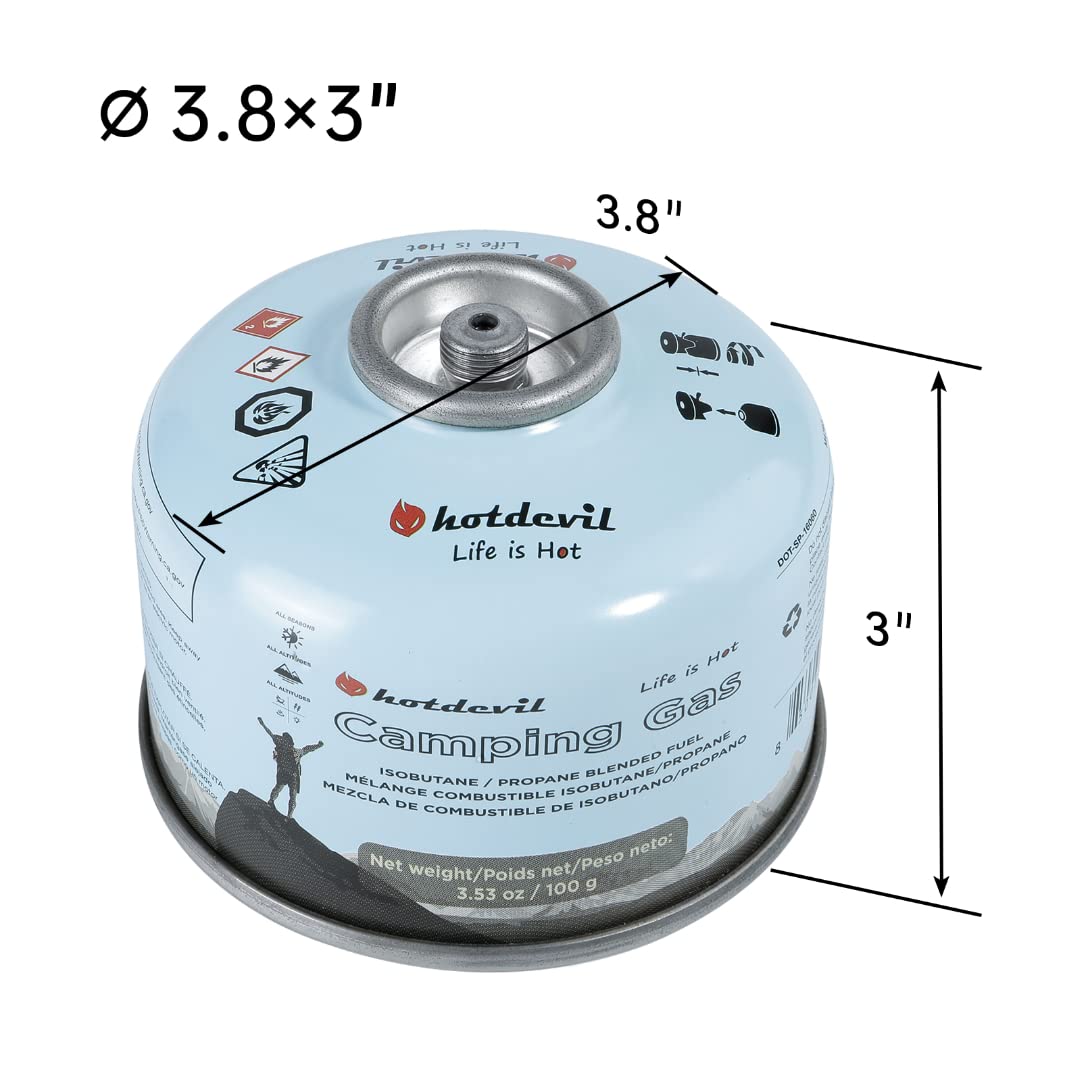 Hotdevil Camping Stove Fuel Butane Propane Blend Isobutane Fuel Canister Camping Fuel Gas Canister Light-Weight Compact Camping Fuel Suitable for All Seasons Efficient and High Output 100 Gram 3.53oz