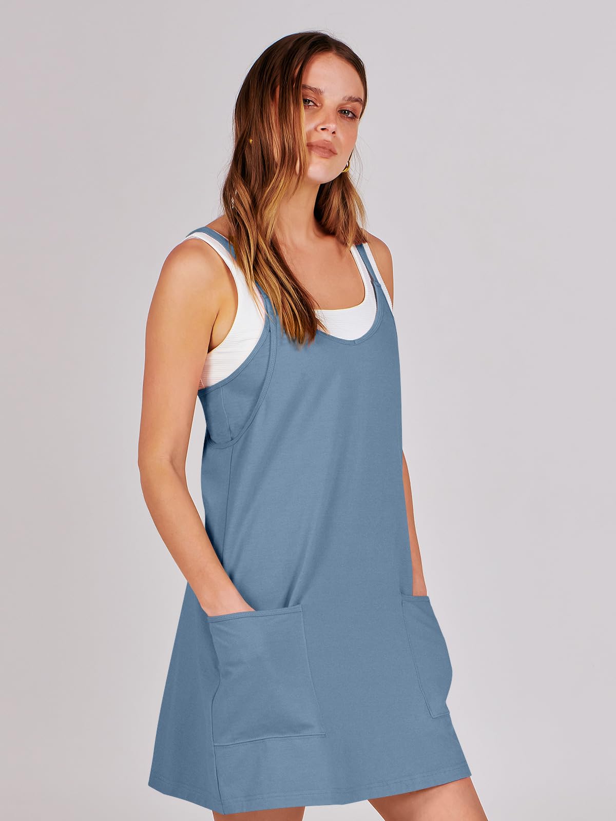 ANRABESS Women Athletic Dress Summer Tennis Workout Active Sports Mini Romper Dress Built in Shorts Travel Vacation Clothes Blue Small