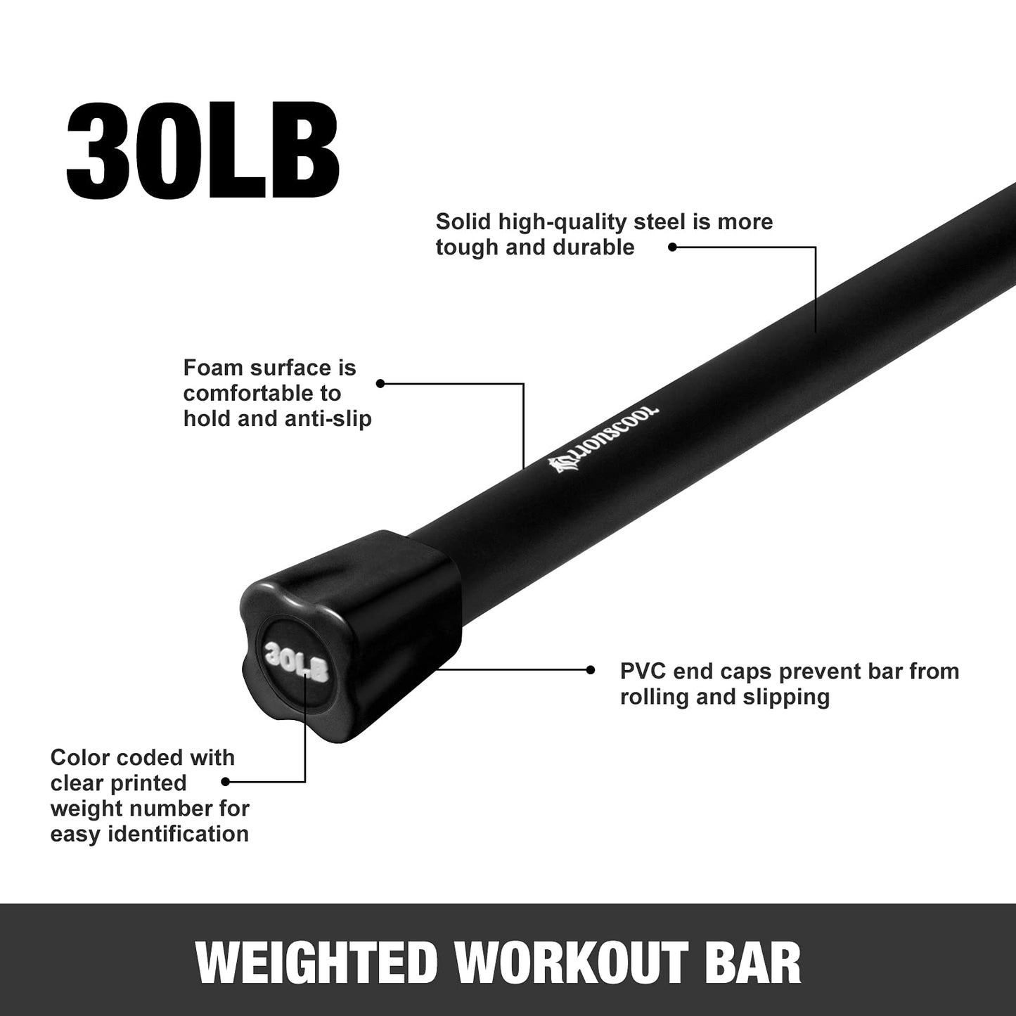 LIONSCOOL Foam Padded Strength Training Weight Bar, Solid Steel Workout Weighted Bar, 5-30lbs, for Body Sculpting, Exercise, Physical Therapy, Aerobics in Home and Gym 30LB