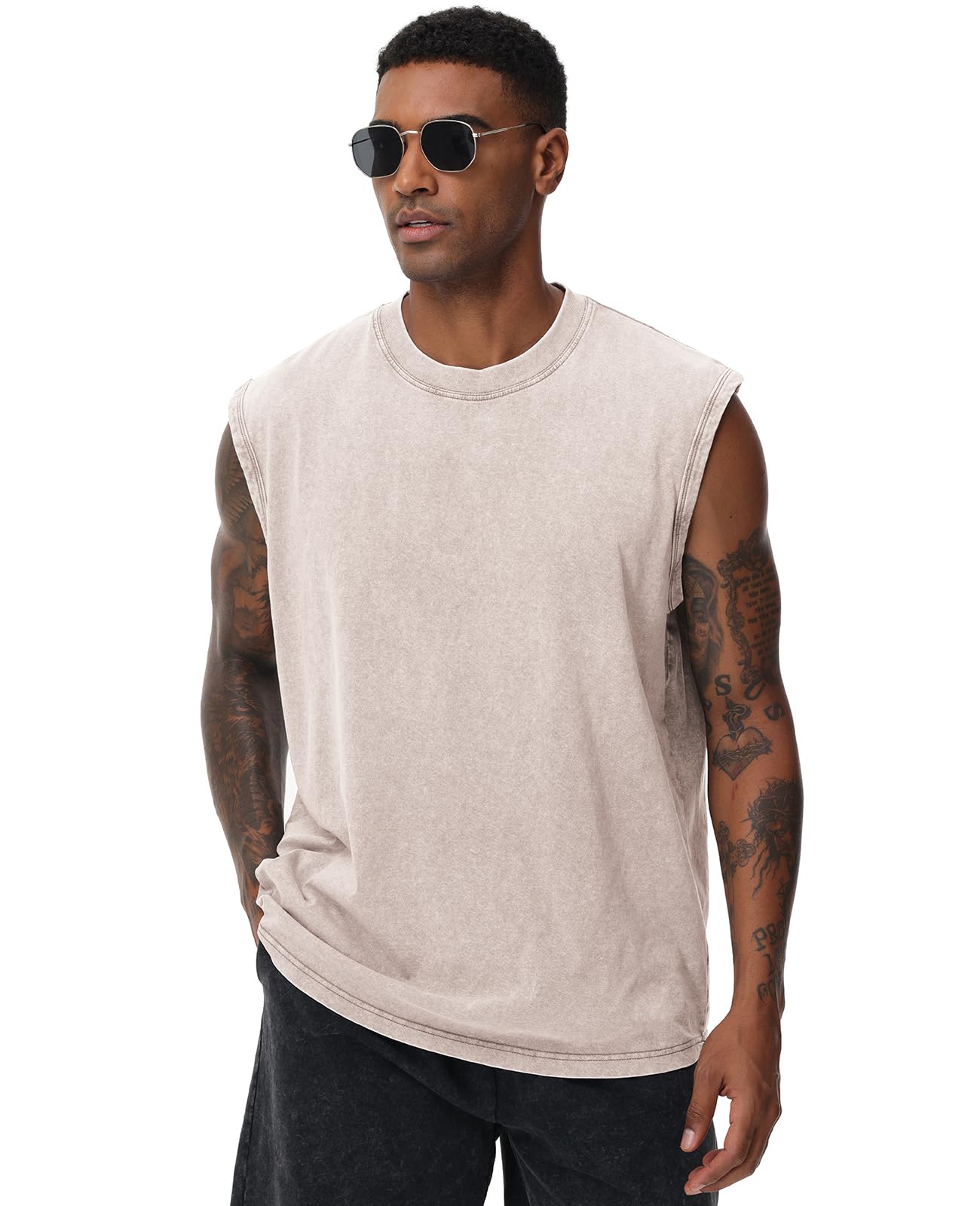SnowElve 3 Pack Mens Workout Tank Tops Sleeveless Tee Shirts Men Muscle Shirt Gym Acid Wash T Shirts Running Beach Loose Fit Tee(ACCFBK,3XL)