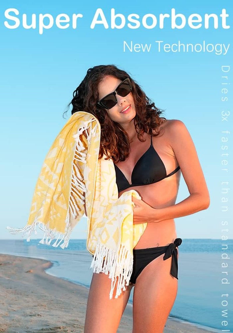 Turkish Beach Towel - Quick Dry Absorbent 100% Cotton | Extra Large Mandala Green & Yellow, 36x75 Inch - 2 Pack