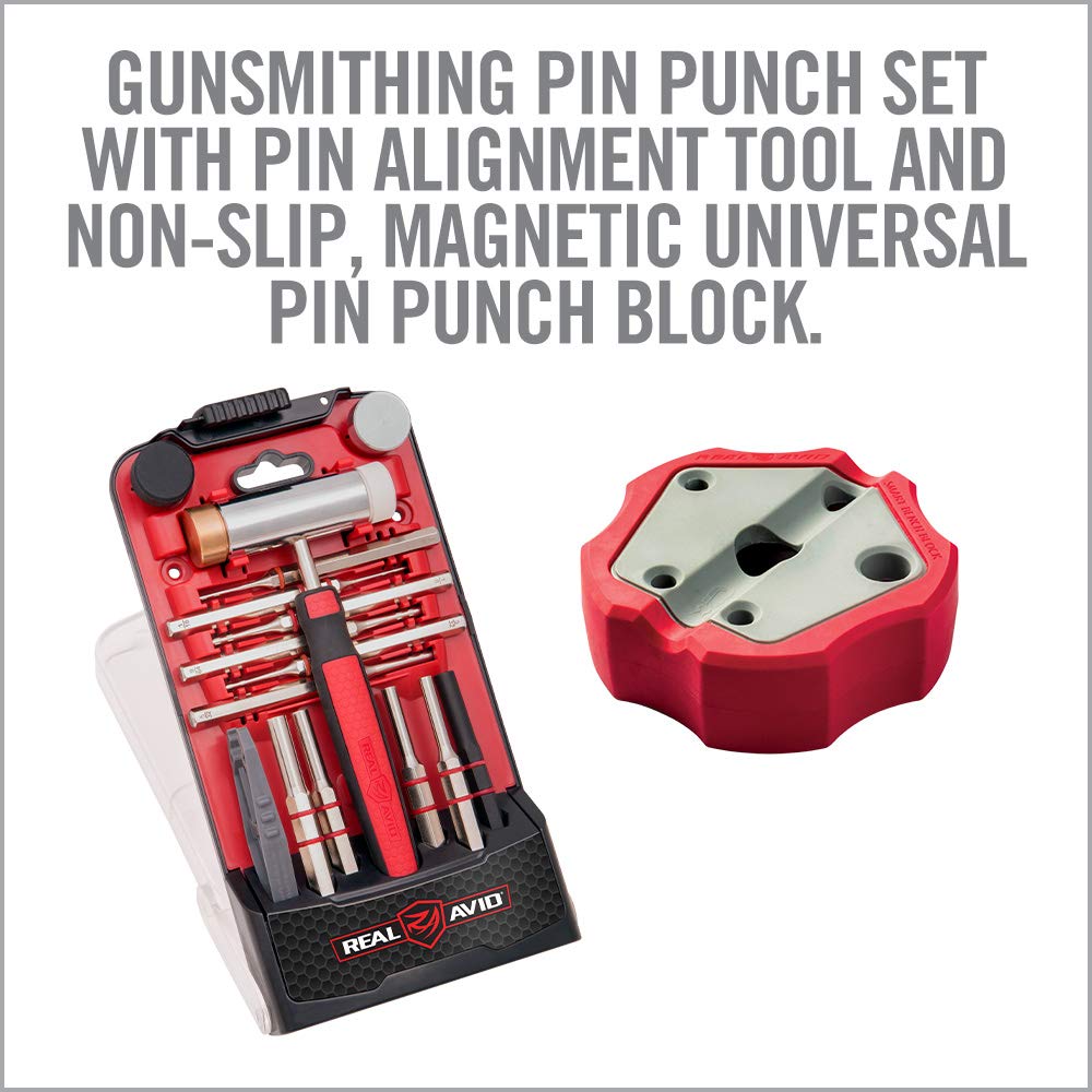 Real Avid Pin Punch Set & Hammer + Non-Slip Magnetic Bench Block | 10 Standard Nickel-Plated Steel Pin Punches, 4 Interchangeable Hammer Heads - Brass, Steel, Rubber, Nylon & Non-Marring Bench Block