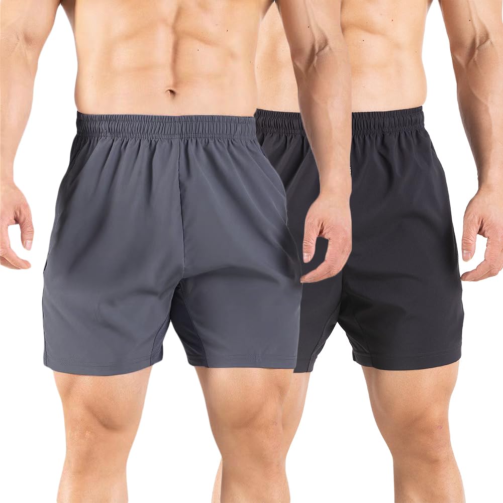 Gaglg Men's 5" Running Shorts 2 Pack Quick Dry Athletic Workout Gym Shorts with Zipper Pockets Black/Dark Grey,Small