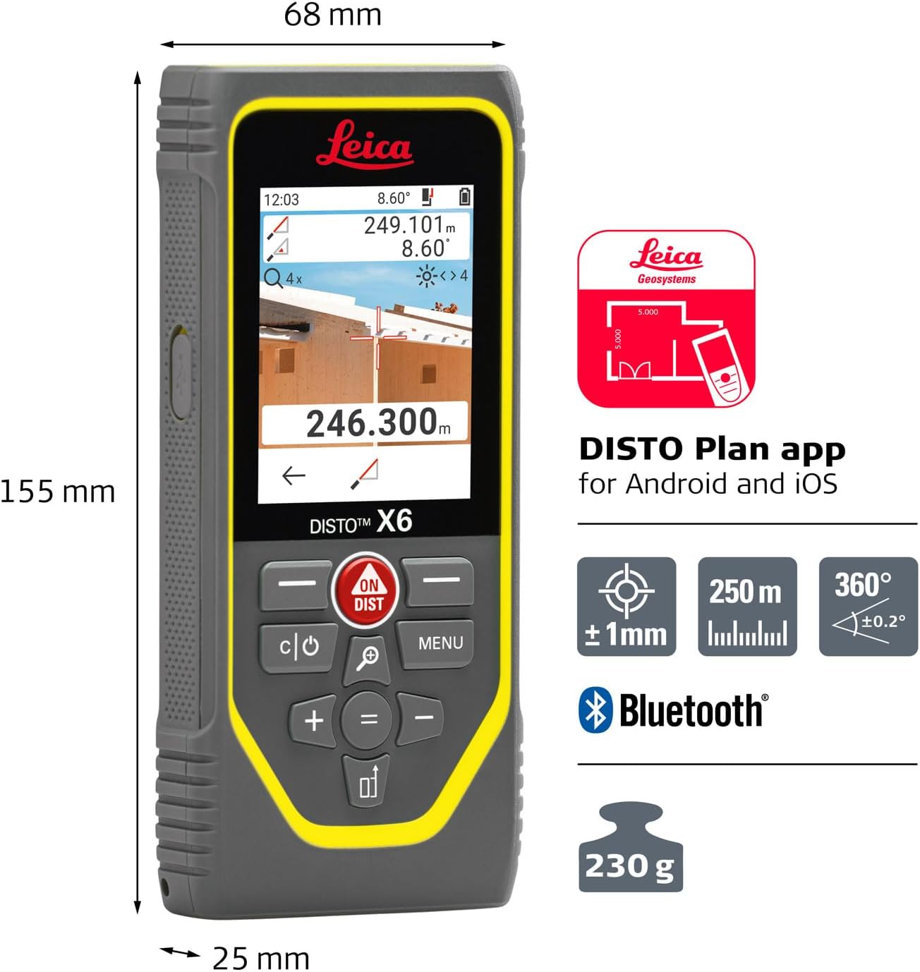 Leica Disto X6 Laser Rangefinder - 800ft Range, 4X Zoom, Bluetooth, IP65 Waterproof | Smart Features & Durable Design