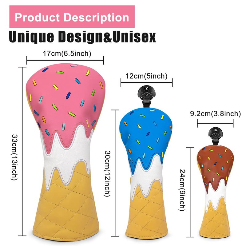 Golf Wood Head Covers Driver Cover 3 Wood Headcover Hybrid Head Covers Embroidery Ice Cream Design Golf Club Headcovers Leather Hand-Made Wood Head Cover