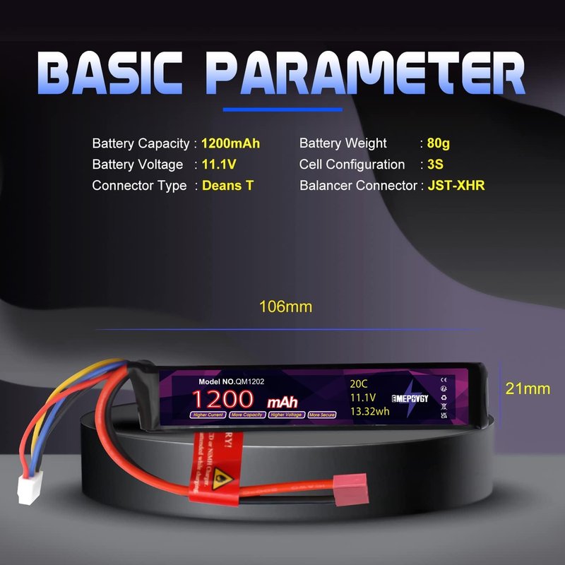 EMEPOVGY 3S Lipo Airsoft Battery 11.1V 1200mAh 20C Rechargeable Lithium Polymer Battery Pack with T Plug for Airsoft Guns Rifle - 2096