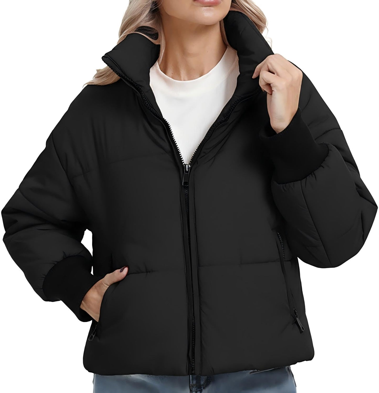 BenBoy Women's Winter Puffer Jacket Short Cropped Padded Baggy Crop Warm Quilted Jackets Short Casual Outerwear Coats,MF2999W-Black-L