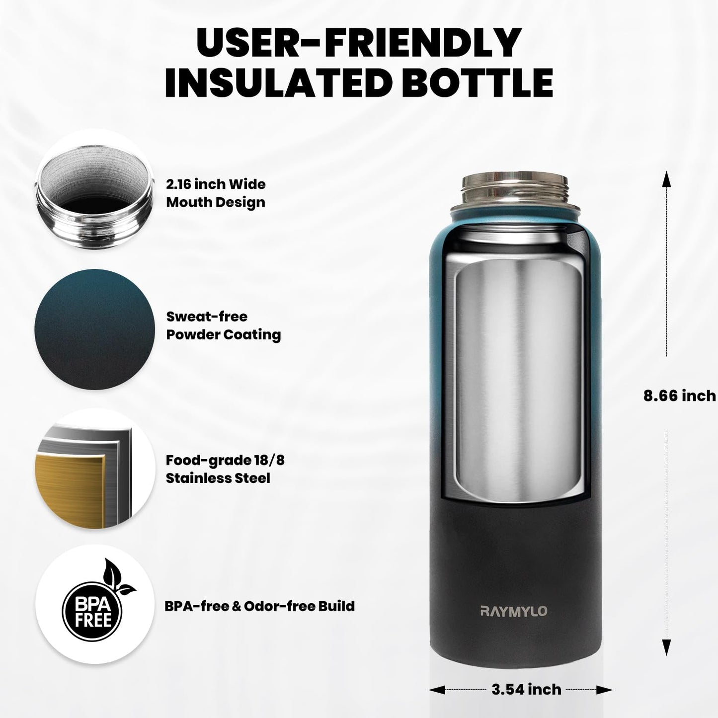 RAYMYLO Insulated Water Bottle 32 oz, Triple Wall Vacuum Stainless Steel (Cold for 48 Hrs, Hot for 24Hrs), Leak Proof & Non-BPA, 32oz Hydro Water Flask with Paracord Handle & Straw Spout Lids