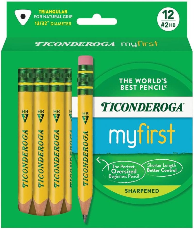 Ticonderoga My First Half-Size Wooden Pencils - Large Triangle-Barrel Pre-Sharpened #2 HB Yellow Pencils with Erasers | 4.5" | 12-Pack