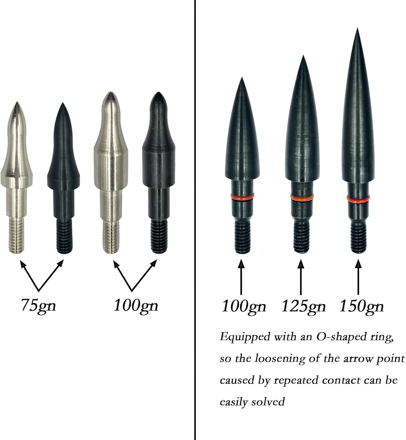 Archery Points - 12pcs Stainless Steel 5/16 Inch Screw-in Bullet Tips for Crossbow, Recurve & Compound Bow | 75/100/125/150 Grains